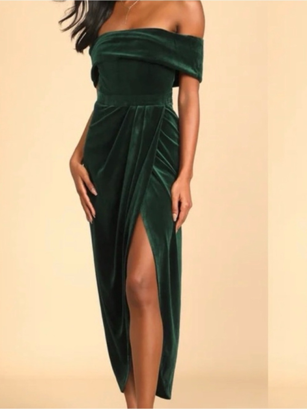 Lulus I’m Enchanted Off-Shoulder Emerald Green Velvet Slit Dress M - Picture 2 of 13